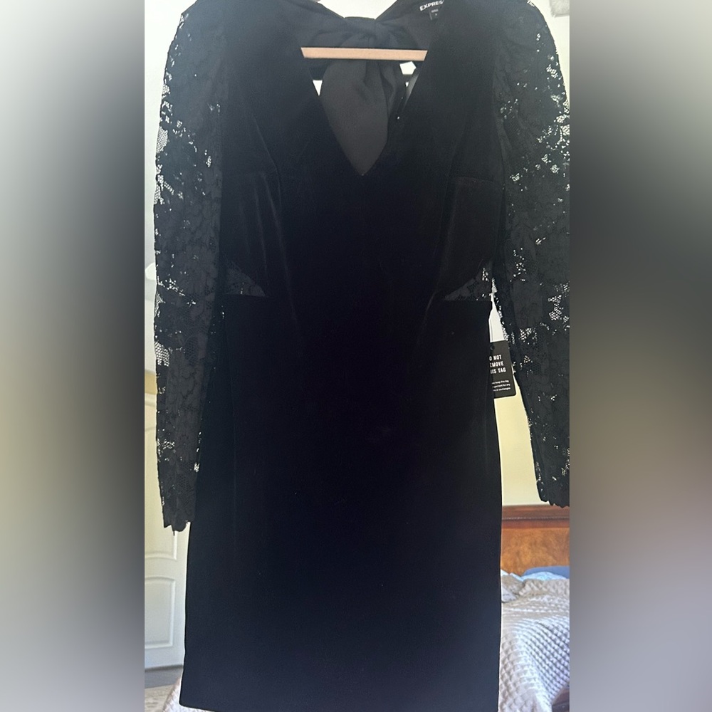 Express Black Velvet Dress with Lace Sleeves